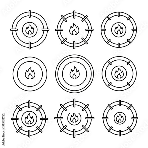 Gas stove burner icons with flame, line art collection