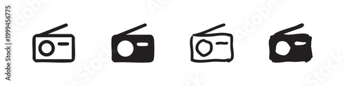 Vintage Radio Receiver Icon Set in Hand Drawn Doodle and Solid Styles