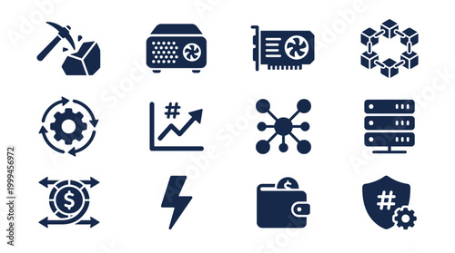 Set of cryptocurrency and blockchain technology flat vector icons.