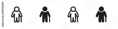 Elderly person and senior care icons with walking cane in hand-drawn line and solid styles