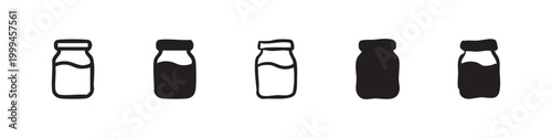 Set of Glass Jar and Container Icons in Various Styles, Outline, Solid, and Hand-drawn