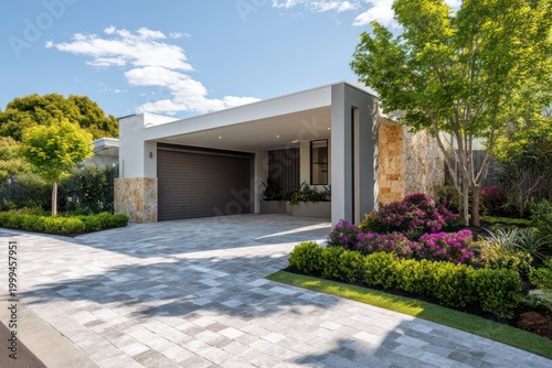 Stylish residential garage entrance and landscaping
