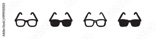 Eyeglasses and sunglasses icon set in different graphic styles