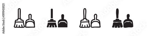 Cleaning equipment icons featuring broom and dustpan set
