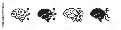Artificial intelligence brain icons with neural network and circuits