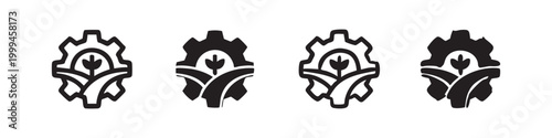 Sustainable agriculture icons with gear and farm landscape