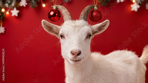 White goat on a red background with New Year's toys