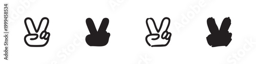 Hand gesture of peace sign or victory symbol set in various outline and solid styles.