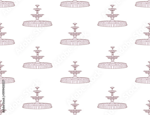 Seamless graphic pattern with fountains drawn in line art style