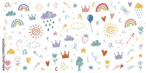 A colorful seamless pattern design featuring happy birthday candles and a card with balloons, decorated with funny cartoon animals, flowers, and heart symbols for a child’s summer birthday illustratio