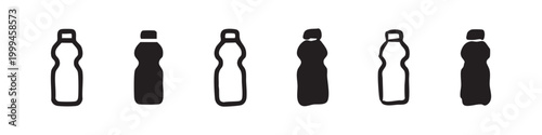 Set of various bottle icons in outline and solid, regular and doodle styles.