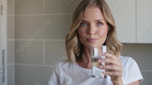 A woman takes a pill with water