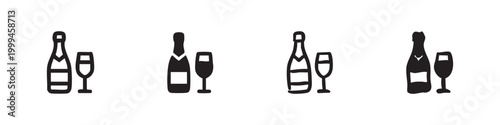 Champagne bottle and glass icons set in outline, glyph, and hand-drawn styles for celebration and party concepts.