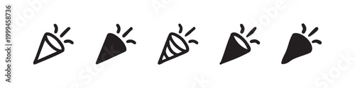 Party popper and confetti cone icons set in outline, glyph, and hand-drawn styles for festive celebrations.