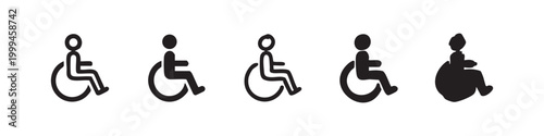 Wheelchair disability access icons set in various outline, glyph, and hand-drawn styles for accessibility symbols.