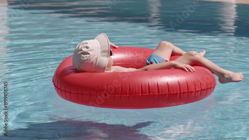 A boy swims on an inflatable ring in a pool