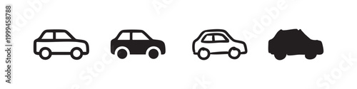 Car icons set for transportation and vehicle concepts in outline, glyph, and hand-drawn styles for travel and auto industry.
