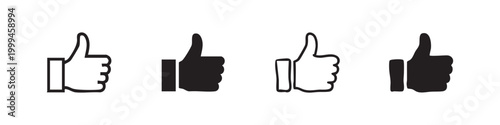Thumbs up icon set. Like and approval symbol in outline and solid styles, representing positivity and feedback.