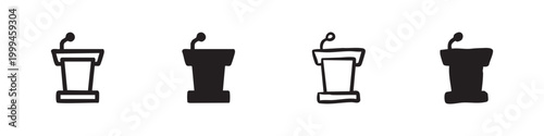 Podium with microphone icon set. Lectern symbol for speeches, presentations, and conferences.
