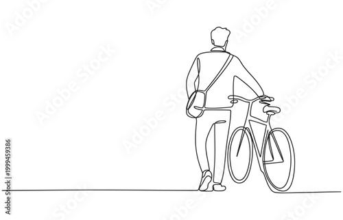 Man with bicycle standing with his back to the camera vector line art he has a messenger bag slung over his shoulder negative space standing handlebar messenger shoulder minimalist background