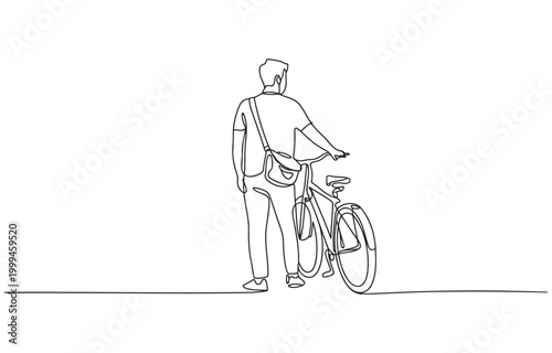 Stylized one line illustration of a man with a bicycle viewed from the rear he is holding the handlebars and has messenger bag graphic is simple and clean on white background negative spac