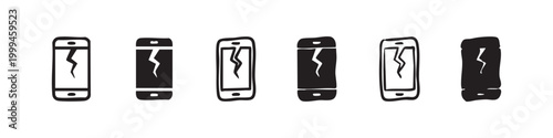 Set of cracked mobile phone icons in various styles, outline and glyph, symbolizing damage and repair