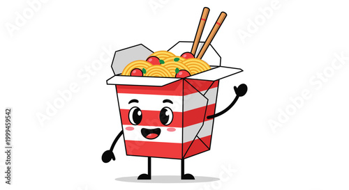 Cute take away noodle box character with smiling face waving its hand while holding noodles and chopsticks inside.