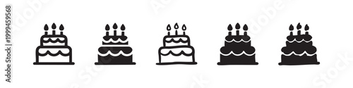 Set of birthday cake icons with candles in various styles, outline and glyph, for celebrations