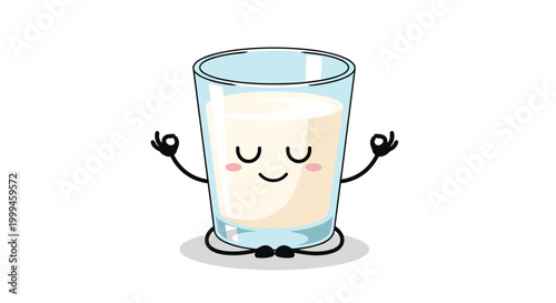 Healthy glass of milk character sitting in a calm zen meditation pose with closed eyes and relaxed arms on white.
