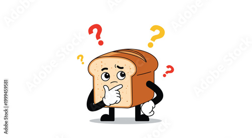 Slice of toasted bread character looking thoughtful and puzzled while surrounded by multiple colored question marks in the air.
