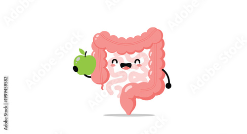 Healthy human intestine character smiling joyfully while holding a fresh green apple to promote good digestive health and diet.