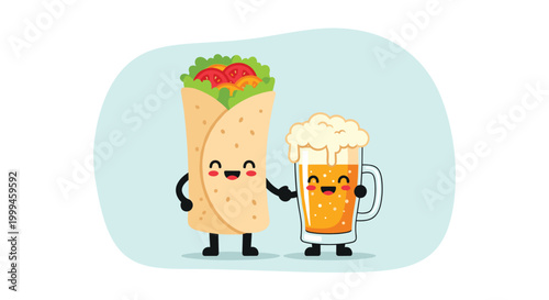 Mexican burrito and golden beer mug characters holding hands as best friends to illustrate a popular food and drink pairing.