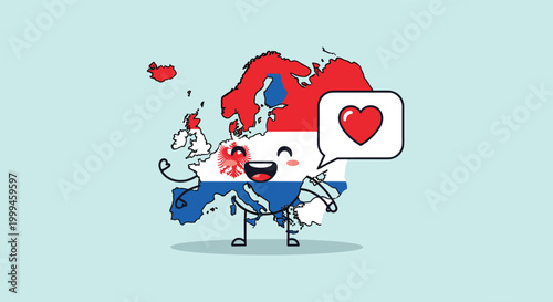 Map of Europe cartoon character with a speech bubble containing a red heart representing continental unity and shared love.