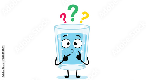 Clear glass of water character looking confused with several colorful question marks floating above its head on white ground.