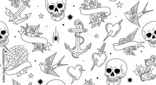 Traditional tattoo art seamless pattern featuring skulls, anchors, roses, swallows, and daggers in classic black and white style.