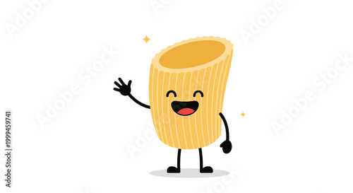 Happy little rigatoni pasta character waving its hand and smiling with tiny sparkles around its body on a white background.