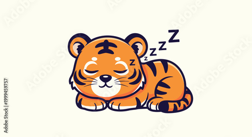 Adorable baby tiger cartoon character sleeping peacefully on the ground with multiple ZZZ symbols above its head.