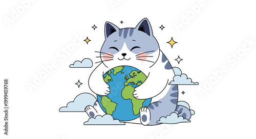 Adorable grey and white cat hugging the planet earth while sitting among fluffy clouds and stars in the night sky.