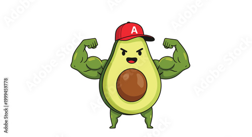Strong and muscular avocado character flexes its biceps while wearing a red baseball cap with a prominent letter A.