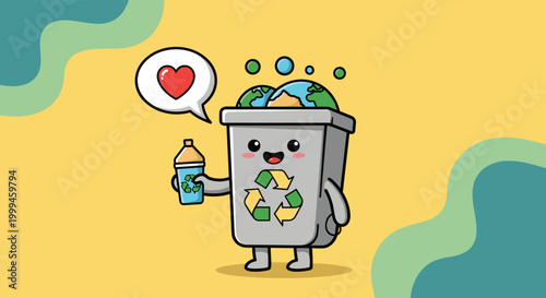 Cute recycling bin character holding a plastic bottle with hearts and earth globes representing environmental care.