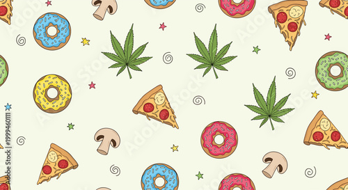 Seamless pattern features an eclectic mix of pizza slices, glazed donuts, mushrooms, and green cannabis leaves on light green.