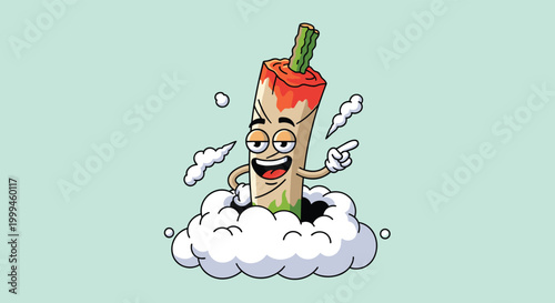 Fun joint character with a smiling face points while emerging from a thick white cloud of smoke on a light blue background.