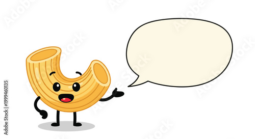 Happy macaroni pasta character with a smiling face and open arms points toward an empty speech bubble for custom text.