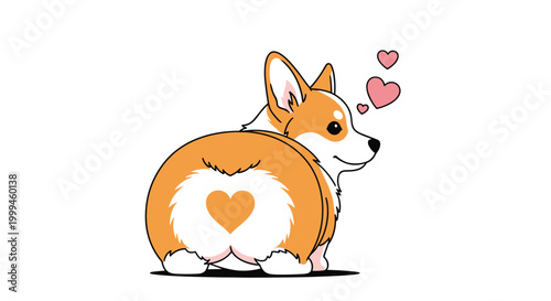 Adorable corgi dog shown from behind features a heart-shaped patch on its fluffy butt with pink hearts floating nearby.