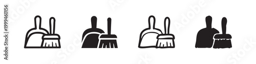 Dustpan and brush icon set for cleaning and housekeeping chores in various graphic styles.
