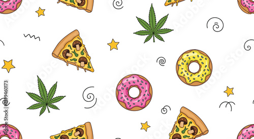 Vibrant seamless pattern includes illustrated pizza slices, pink donuts, green marijuana leaves, and small stars on white.