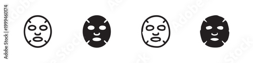 Set of four face mask icons, outline and filled versions, on white