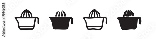 Set of four juicer icons, manual citrus juicers in different styles on white
