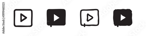 Hand-drawn Play Button Icons: Square Variants in Black and White