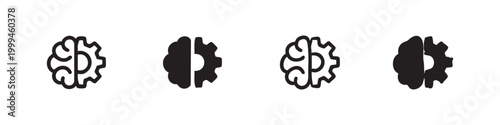 Hand-drawn Brain Gear Icons: Intelligence and Logic Variants in Black and White